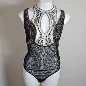 Nasty Gal XLarge Black Beaded Sheer Bodysuit